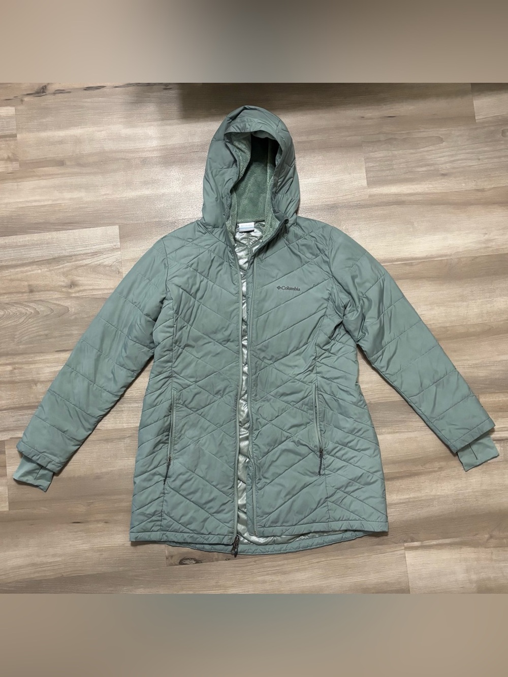 Columbia Heavenly Women's XL Sage Green Long Puffer Jacket Omni Heat Winter Warm